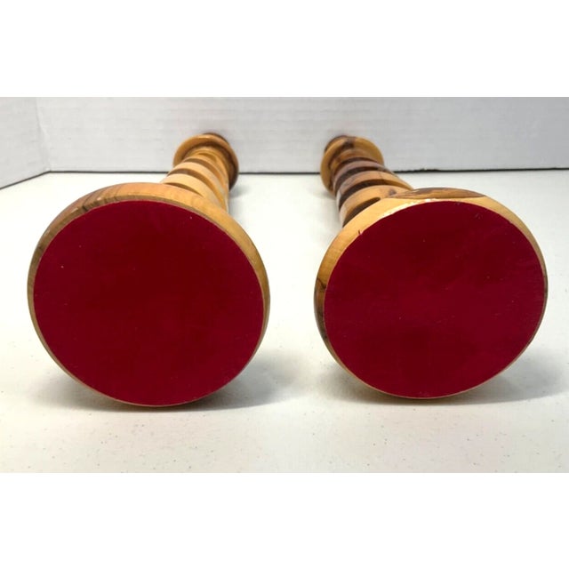 Vintage MCM Holy Land Olive Wood Spiral Pilar Candlesticks Holders-Pair For Sale - Image 6 of 7