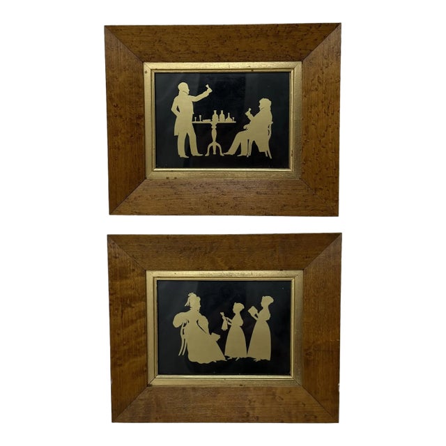 Antique Pair English Family Silhouettes Birdseye Maple Frames Irish Interest For Sale