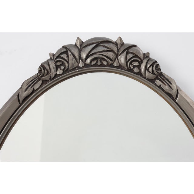 Art Deco French Oval Mirror with Carved Roses and Silver-Painted Frame, 1920s For Sale - Image 3 of 11