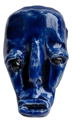 Vintage Glazed Blue Ceramic Mask Wall Sculpture with Glass Eyes, 1980s