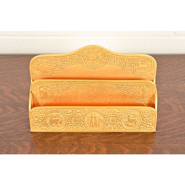 A gorgeous antique Arts & Crafts or Art Deco period gilt bronze "Zodiac" pattern desk letter holder rack By Tiffany...