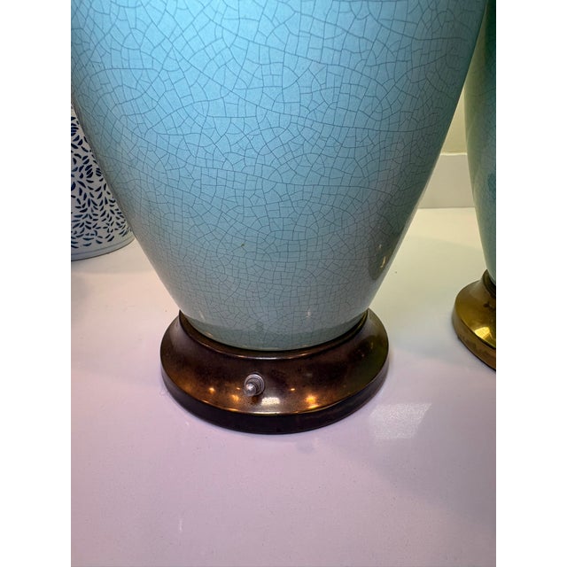 Chinoiserie Vintage Crackle Celadon Porcelain Lamps With Brass Base & Silk Shades – A Pair For Sale - Image 3 of 16