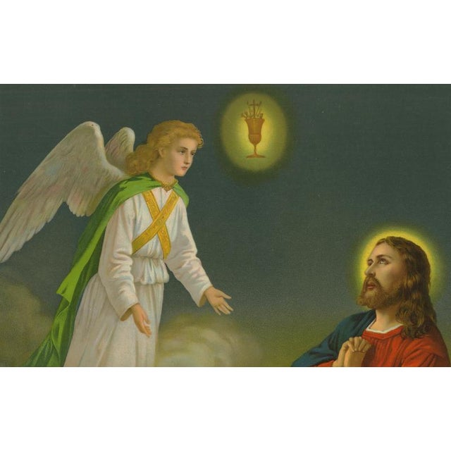 This striking late 19th to early 20th century German chromolithograph depicts Christ in the Garden of Gethsemane, the...