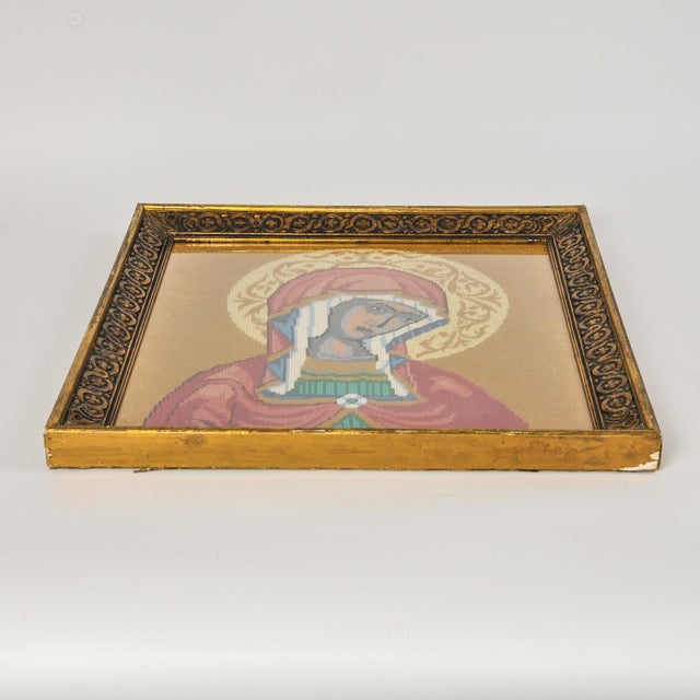Gold Vintage Framed Needlepoint Icon Virgin Mary Greece For Sale - Image 8 of 13