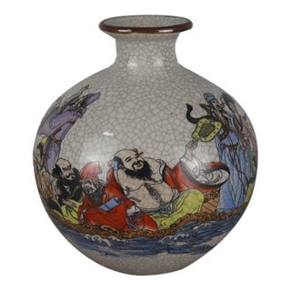 Vintage Chinese Crackle Glaze Famille Rose "Eight Immortals" Vase - 16cm For Sale