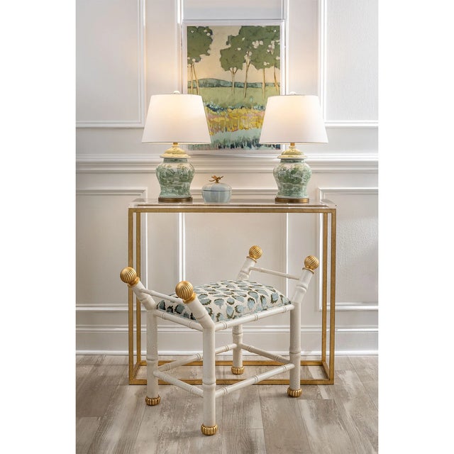 Boca is our hollywood regency style bench with features a bamboo frame and contrast metal gold leaf fluted ball finials...