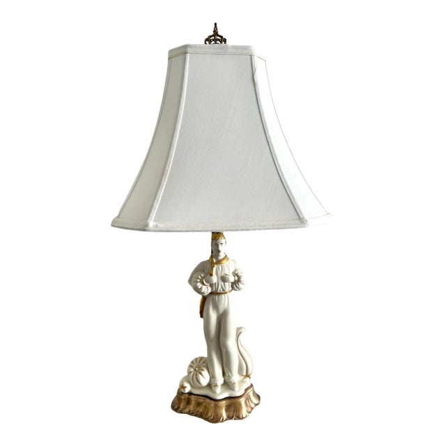 1930s Revival Style White & Gold Porcelain Male Figural Table Lamp For Sale