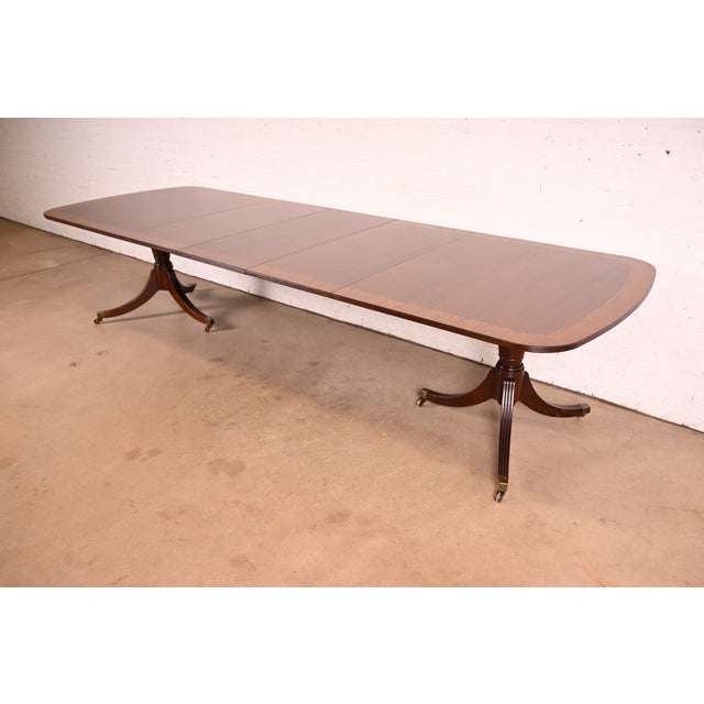 Baker Furniture Georgian Banded Mahogany Double Pedestal Extension Dining Table | Newly Refinished For Sale - Image 13 of 13