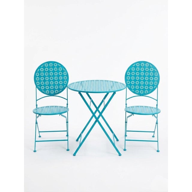 A vibrant pop of color and retro charm to your outdoor space with this delightful three-piece folding bistro set. Finished...