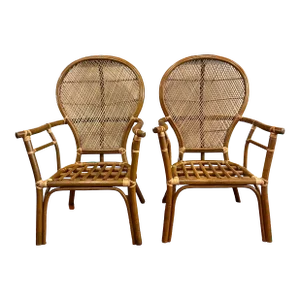1980’s Balloon Back Rattan Arm Chairs -A Pair
