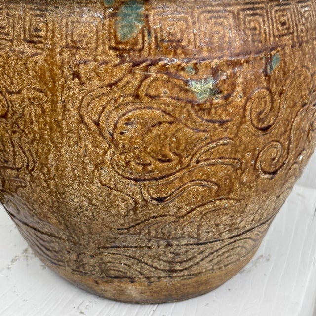 Rustic Early 20th Century Brown Glazed Ceramic Planter with Carved Relief Pattern For Sale - Image 3 of 12