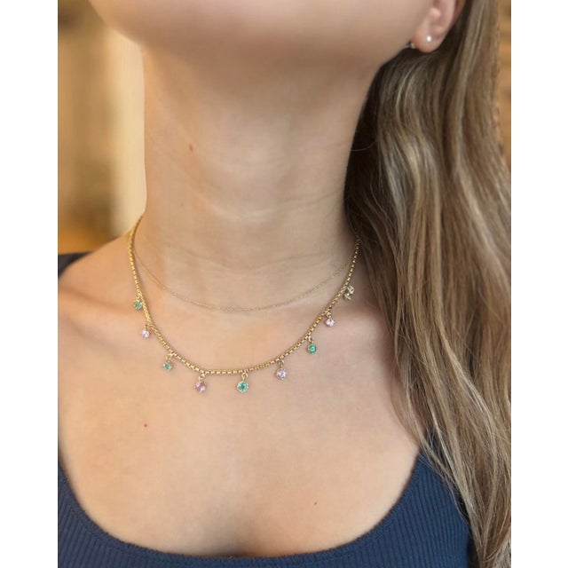 Metal Emerald & Pink Spinel Fringe Necklace, 14k Gold For Sale - Image 7 of 10