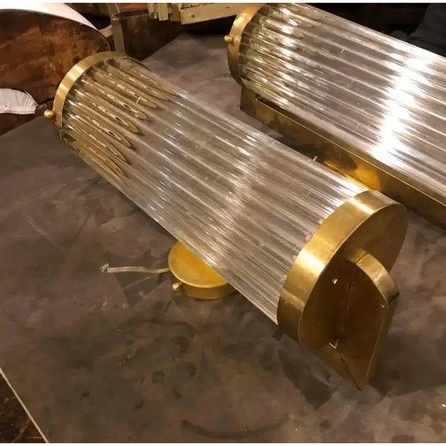 Two Sciolari Style Mid-Century Modern Brass and Glass Italian Wall Sconces For Sale - Image 4 of 8