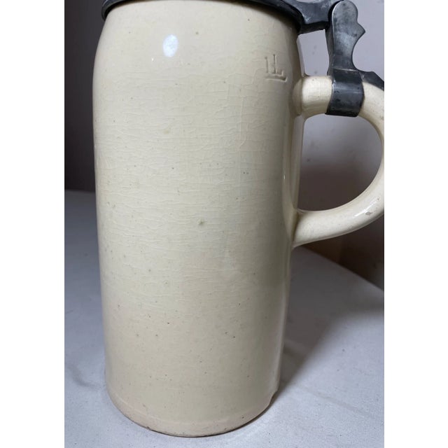 Brown Antique 1Ltr. Early 1800's German Pottery Pewter Lidded Beer Stein Mug Tankard For Sale - Image 8 of 13