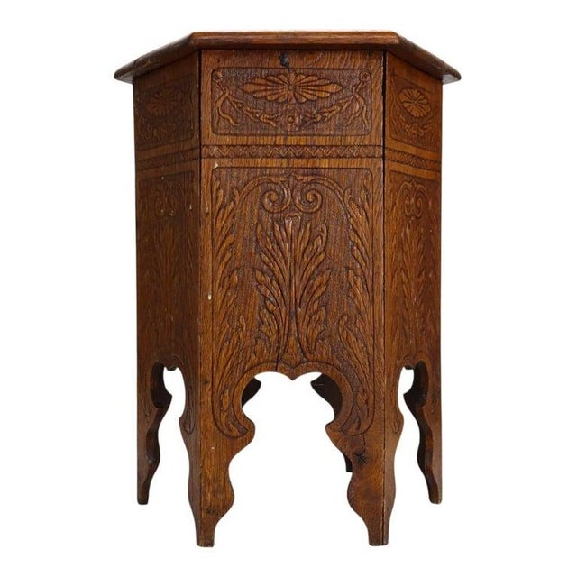 Brown Arts & Crafts Floral & Foliate Press Oak Hexagonal Tabouret Plant Stand C1920 For Sale - Image 8 of 9