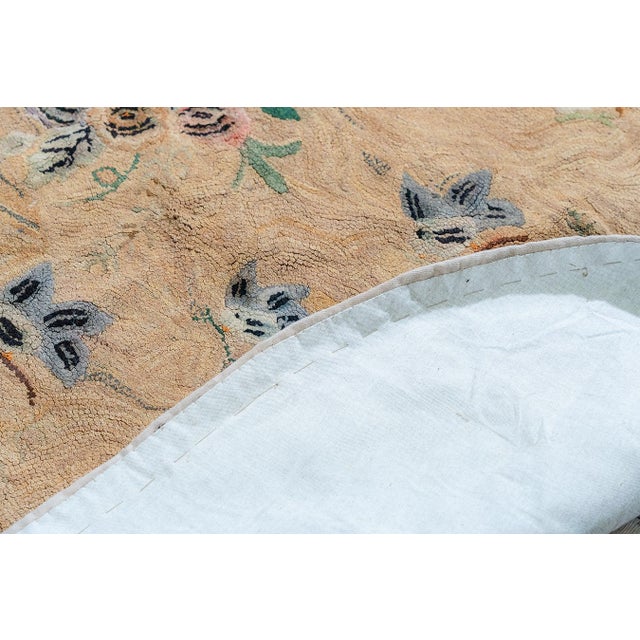 Camel 1880s Beige Ground Floral Folk Art Antique Flatweave American Hooked Round Rug For Sale - Image 8 of 8
