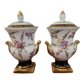 Vintage Continental Cobalt & Gilt Porcelain Covered Urns, Sèvres Style — A Pair For Sale