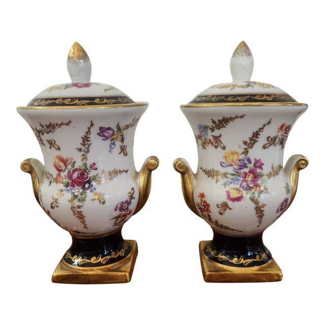 Vintage Continental Cobalt & Gilt Porcelain Covered Urns, Sèvres Style — A Pair For Sale