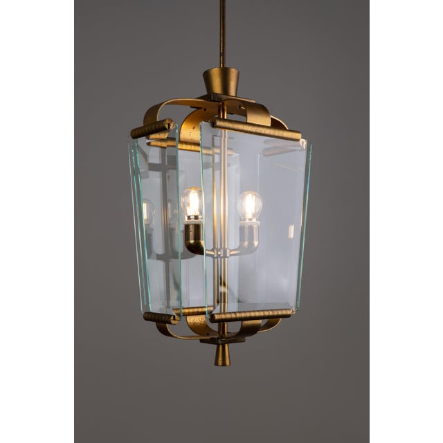 Mid-Century Modern Art Deco Italian Brass and Glass Lantern, 1950s For Sale - Image 3 of 11