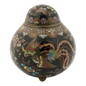 Antique Japanese Cloisonne Gold Stone Ginger Jar Butterflies and Phoenix Birds
