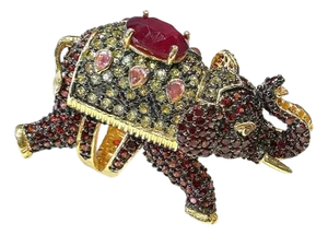 Bochic "Orient" Neoclassical Elephant Ruby & Sapphire Ring Set 18K Gold & Silver
