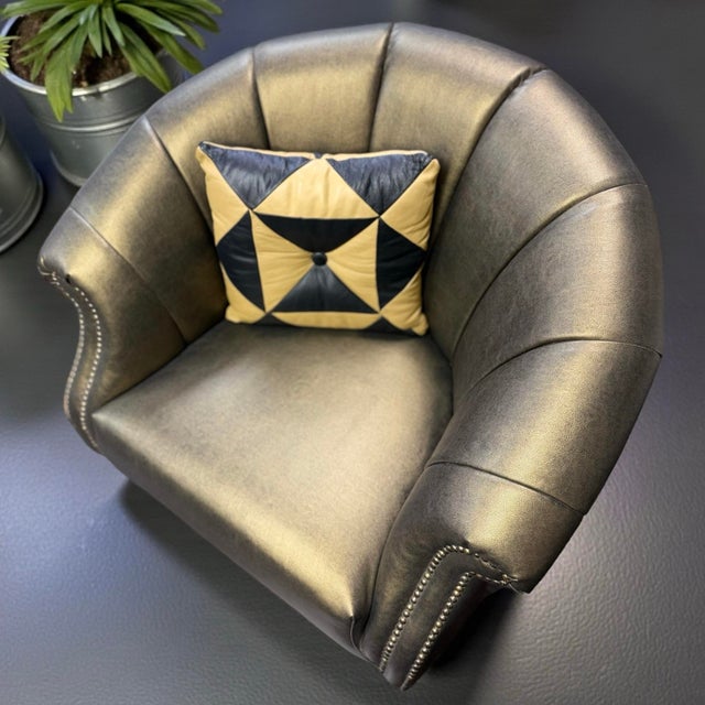 Bronze Pair of Pacific Design Center Deep Forest Moss Bronze Leather Barrel Armchairs For Sale - Image 8 of 8