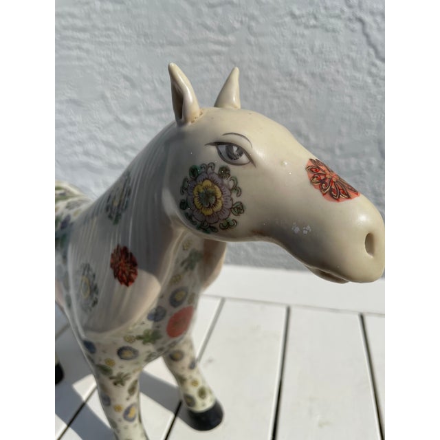 Ceramic Vintage Chinese Porcelain Horse Figurine With Floral Motif & Red Seal Mark For Sale - Image 7 of 10