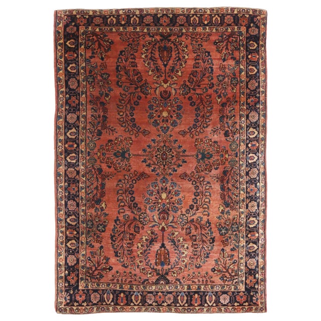 Antique Sarouk Salmon and Blue Wool Persian Rug Chairish