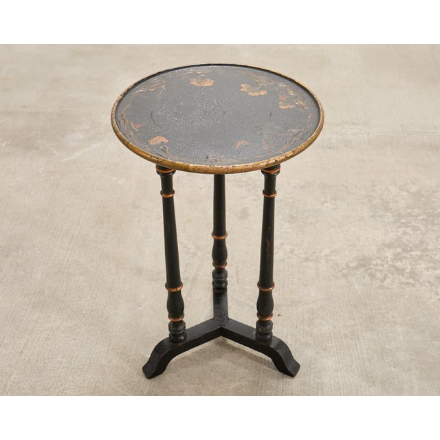 20th C. English Chinoiserie Ebonized Gilt Tripod Drinks Table For Sale - Image 4 of 17