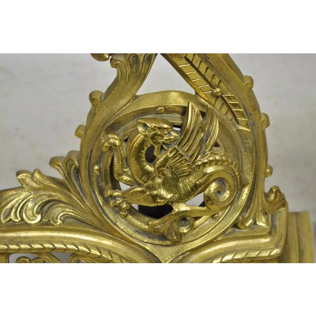 Vintage French Baroque Style Brass Figural Andirons With Dragon Griffins - Pair For Sale - Image 4 of 12