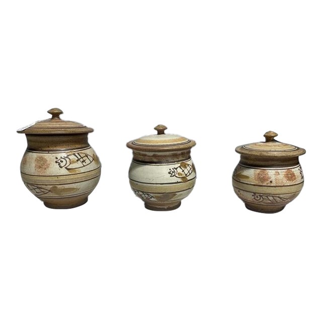 Lemonier-Hand-Painted Stoneware Lidded Canister Set – Set of 3 For Sale