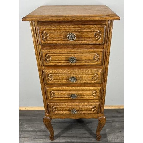 Vintage French Louis XVI Style Carved Oak Chest of Drawers For Sale - Image 9 of 9