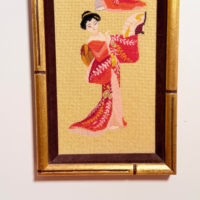 Vintage Geisha Needlepoint Panel — Three Figures in Kimono, Gilt Bamboo Frame, Chinoiserie For Sale - Image 4 of 8
