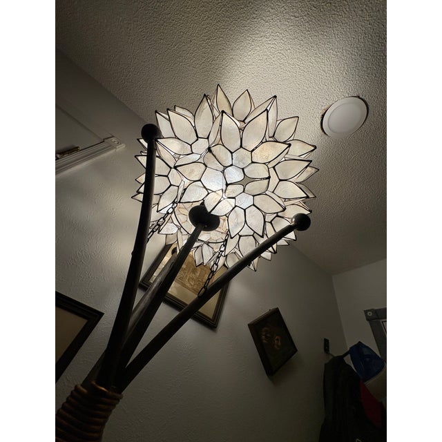 Vintage Brutalist Capiz Shell "Lotus" Floor Lamp With Hand-Wrapped Copper Binding For Sale - Image 9 of 12