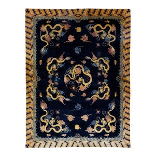 Vintage Chinese Peking Handmade Dragon Designed Dark Blue Wool Rug For Sale