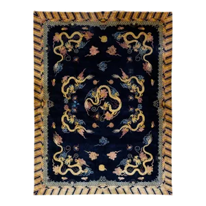 Vintage Chinese Peking Handmade Dragon Designed Dark Blue Wool Rug
