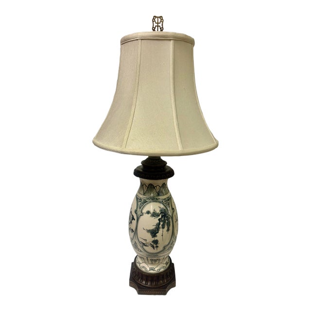 Stunning Vintage Chinoiserie Blue and White Ginger Jar Style Table Lamp With Cream Shade For Sale
