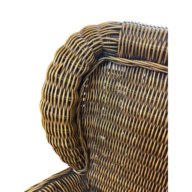 Camel Late 20th Century Carved British Colonial Wicker Club Chair by Acacia Furniture & Two Leather Pillows For Sale - Image 8 of 12