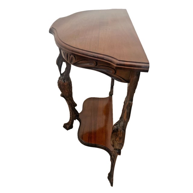 Wood Vintage Demilune Console Half Moon Table, Walnut Top, Bottom Shelf, Carved Swan For Sale - Image 7 of 12