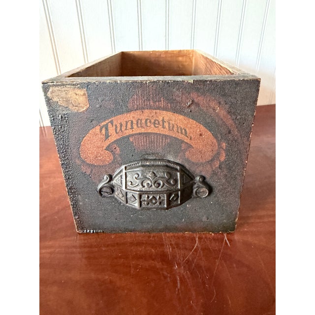 Antique Apothecary Drawer – Tunacetum Label – Original Hardware – Dovetail Construction – Primitive Pharmacy Storage For Sale - Image 11 of 13