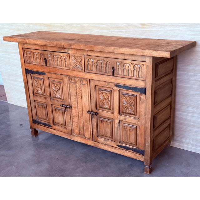 Late 19th Century Spanish Baroque Carved Walnut Tuscan Two Drawers Credenza or Buffet For Sale - Image 17 of 18