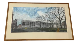 Vintage Mixed Media Cityscape Illustration C.1960s