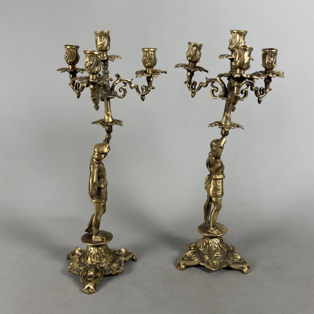 Renaissance Revival Brass Candelabras with Noble Figures, 1960s, Set of 2 For Sale - Image 3 of 15