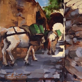 Donkey Tales 1 by Calvin Lai | Oil on Artefex panel of donkeys walking through a narrow path For Sale