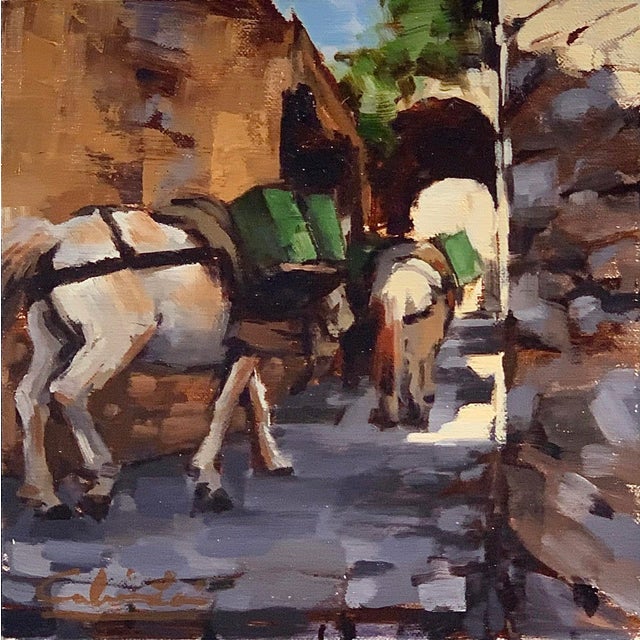Donkey Tales 1 by Calvin Lai | Oil on Artefex panel of donkeys walking through a narrow path For Sale