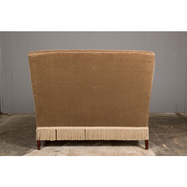 English Vintage English Upholstered Loveseat with Out-Scrolling Arms and Casters For Sale - Image 3 of 12