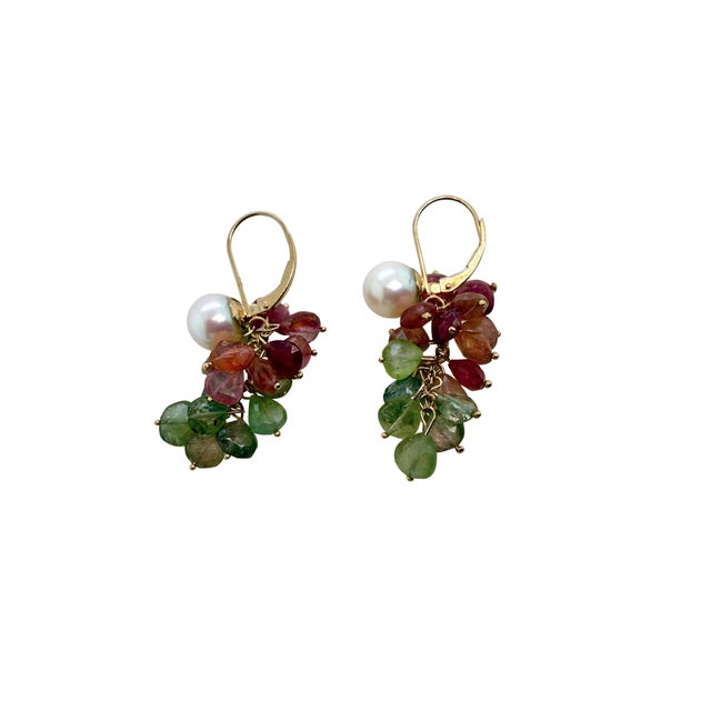 Late 20th Century Pair of Estate 14k Gold Pearl & Multi‑Color Tourmaline Cluster Drop Earrings For Sale - Image 4 of 6