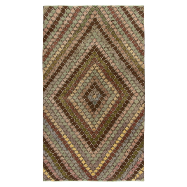 Textile Vintage Art Deco Rug in Beige-Brown, Pink and Blue Honeycomb Diamond Pattern For Sale - Image 7 of 7