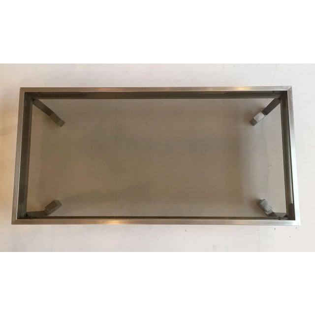 Large French Low Cocktail or Coffee Table of Brushed Steel and Smoked Glass, Greek Key For Sale In Austin - Image 6 of 11