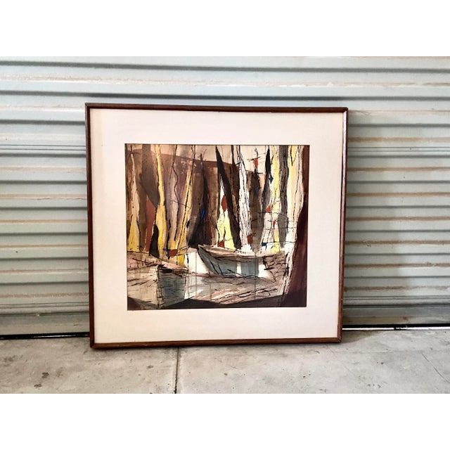 1950s Mid Century Modern Abstract Framed Watercolor Painting of a Boat Unsigned For Sale - Image 10 of 10